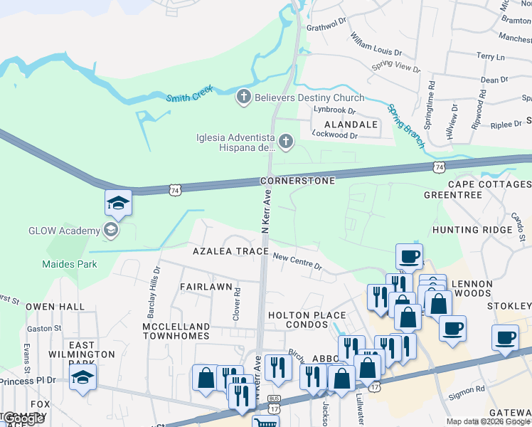 map of restaurants, bars, coffee shops, grocery stores, and more near in Wilmington