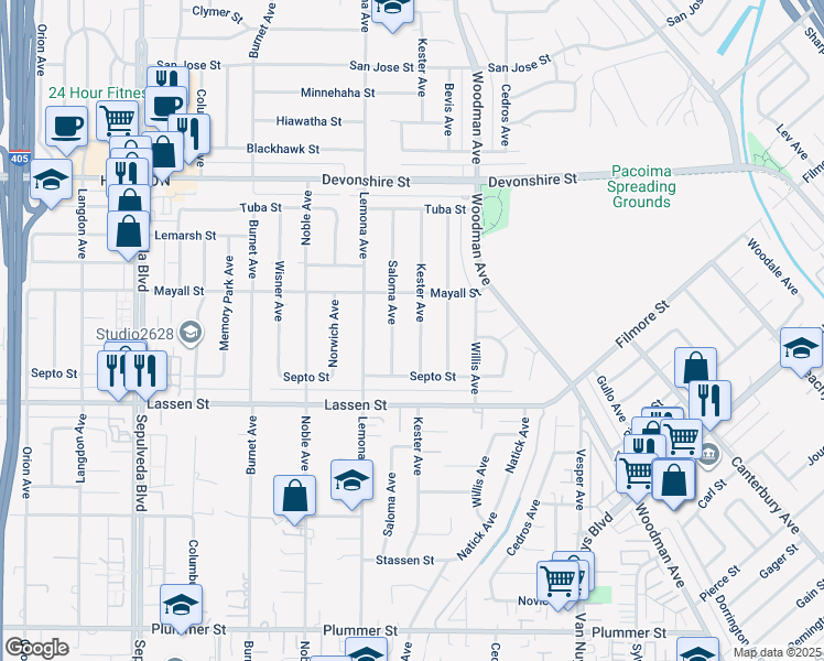 map of restaurants, bars, coffee shops, grocery stores, and more near 10021 Kester Avenue in Los Angeles