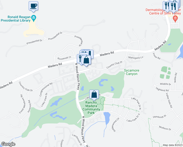 map of restaurants, bars, coffee shops, grocery stores, and more near 454 Country Club Drive in Simi Valley