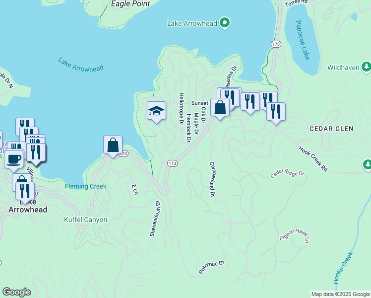map of restaurants, bars, coffee shops, grocery stores, and more near 140 California 173 in Lake Arrowhead