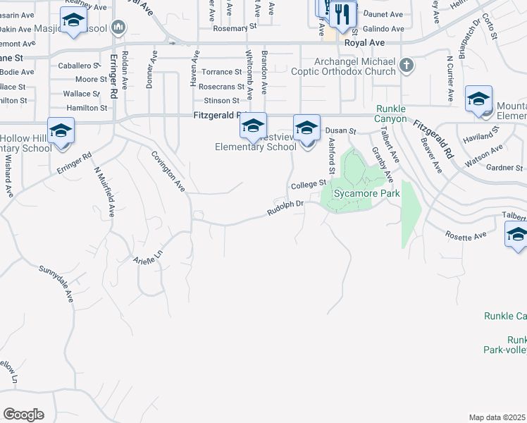 map of restaurants, bars, coffee shops, grocery stores, and more near 2339 Rudolph Drive in Simi Valley