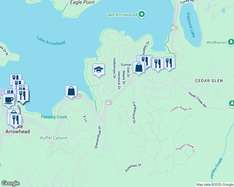 map of restaurants, bars, coffee shops, grocery stores, and more near 140 California 173 in Lake Arrowhead