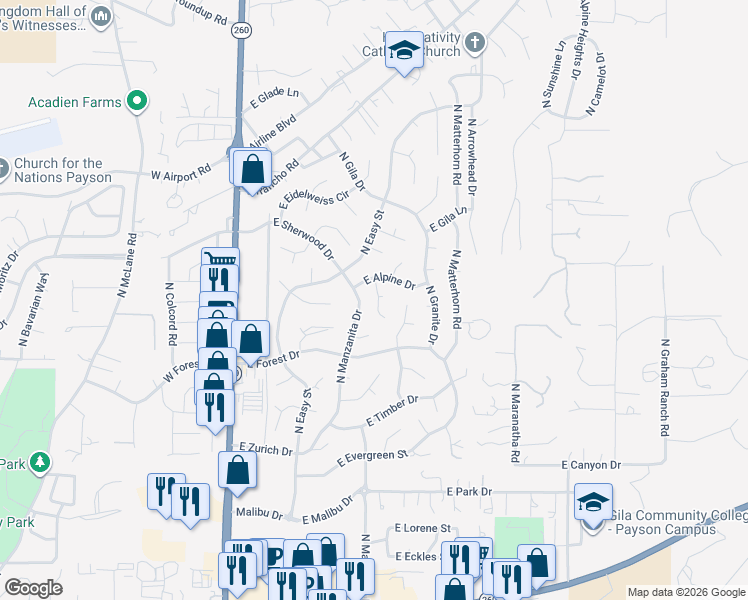 map of restaurants, bars, coffee shops, grocery stores, and more near 900 North Holly Circle in Payson