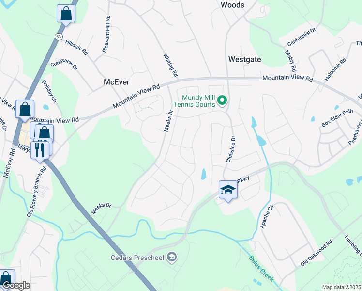 map of restaurants, bars, coffee shops, grocery stores, and more near Summer View Drive in Gainesville