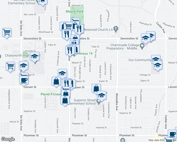 map of restaurants, bars, coffee shops, grocery stores, and more near 10021 Casaba Avenue in Los Angeles