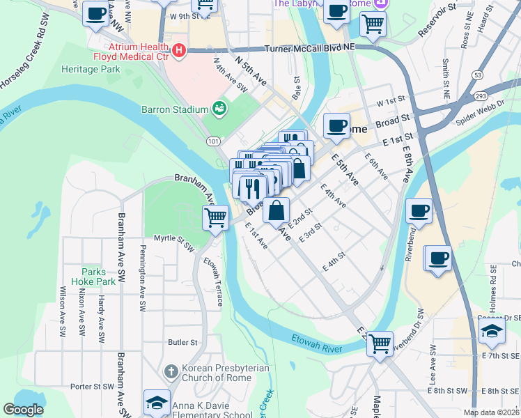 map of restaurants, bars, coffee shops, grocery stores, and more near 130 Broad Street in Rome
