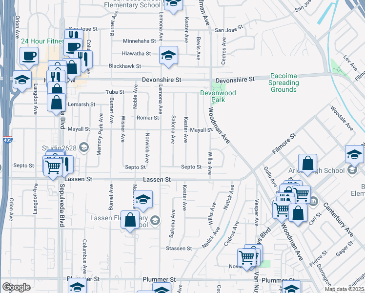 map of restaurants, bars, coffee shops, grocery stores, and more near 10021 Kester Avenue in Los Angeles