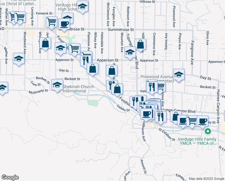 map of restaurants, bars, coffee shops, grocery stores, and more near 7451 Valmont Street in Los Angeles