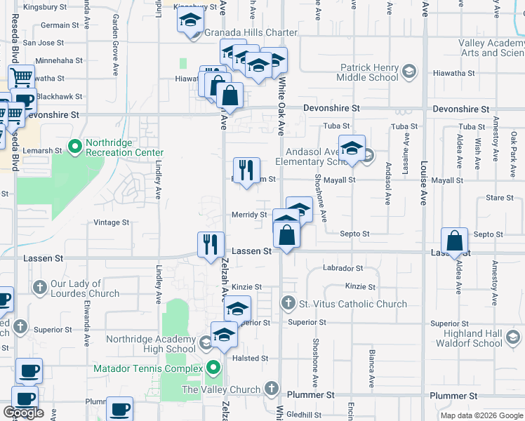 map of restaurants, bars, coffee shops, grocery stores, and more near 17771 Merridy Street in Los Angeles
