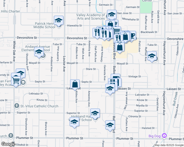map of restaurants, bars, coffee shops, grocery stores, and more near 10007 Amestoy Avenue in Los Angeles