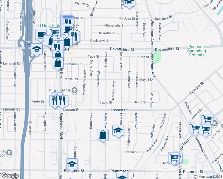 map of restaurants, bars, coffee shops, grocery stores, and more near 10019 Norwich Avenue in Los Angeles