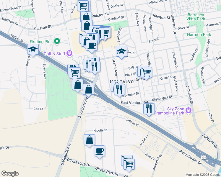 map of restaurants, bars, coffee shops, grocery stores, and more near 2376 Alameda Avenue in Ventura