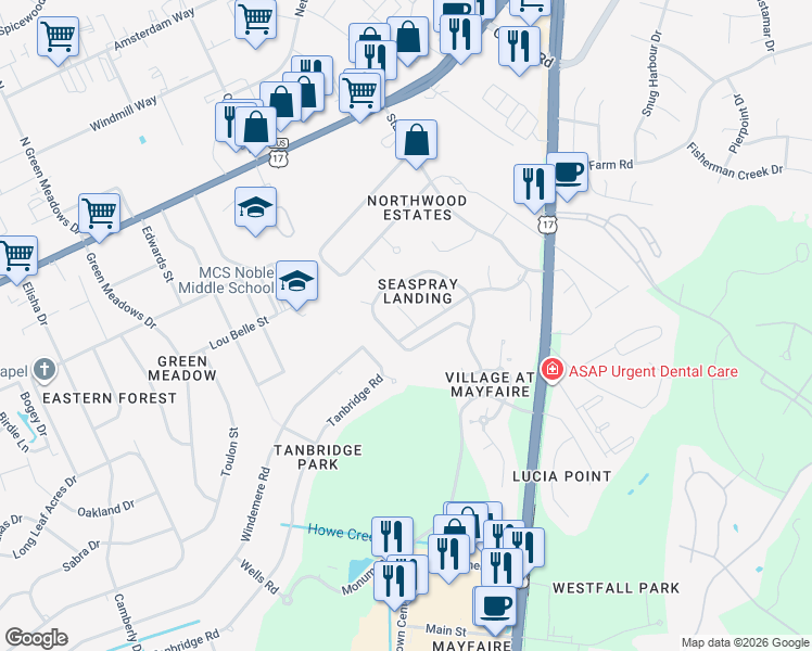 map of restaurants, bars, coffee shops, grocery stores, and more near 410 Painted Spindle Court in Wilmington
