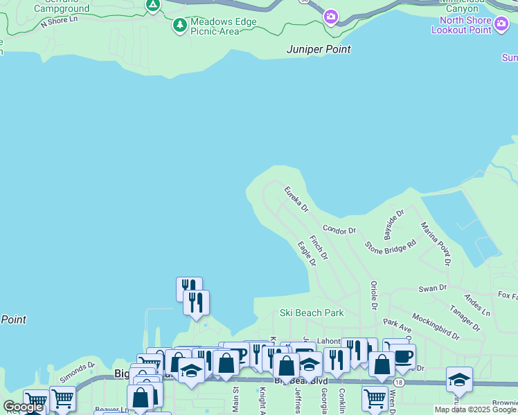 map of restaurants, bars, coffee shops, grocery stores, and more near 193 Eagle Drive in Big Bear Lake
