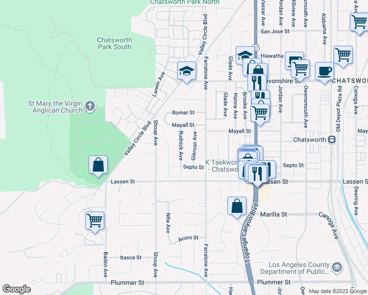 map of restaurants, bars, coffee shops, grocery stores, and more near 10020 Rudnick Avenue in Los Angeles