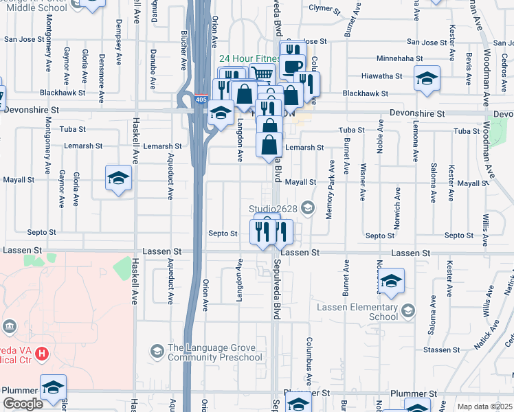 map of restaurants, bars, coffee shops, grocery stores, and more near 15434 Stare Street in Los Angeles