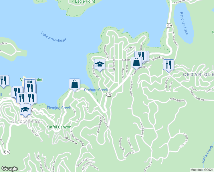 map of restaurants, bars, coffee shops, grocery stores, and more near 151 Joaquin Miller Road in Lake Arrowhead
