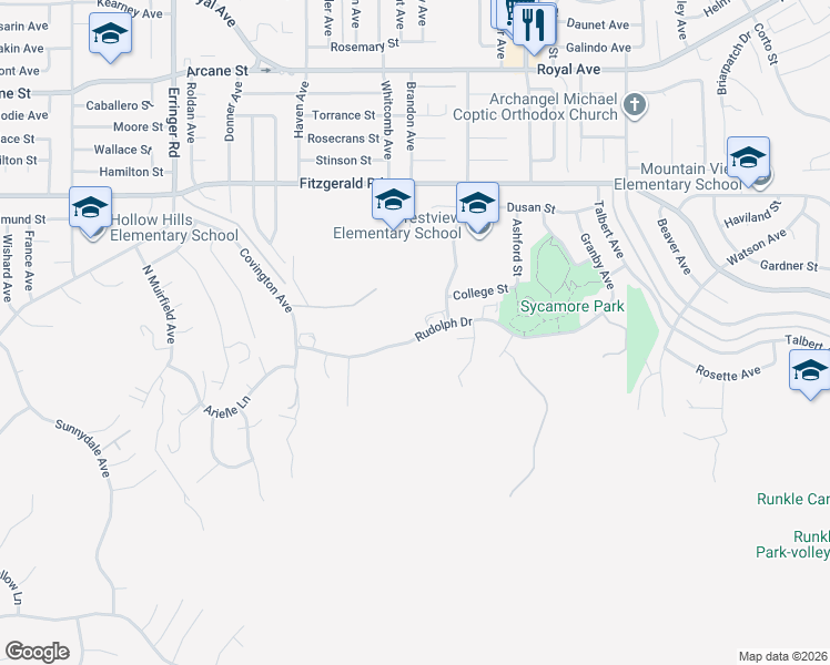 map of restaurants, bars, coffee shops, grocery stores, and more near 2361 Rudolph Drive in Simi Valley