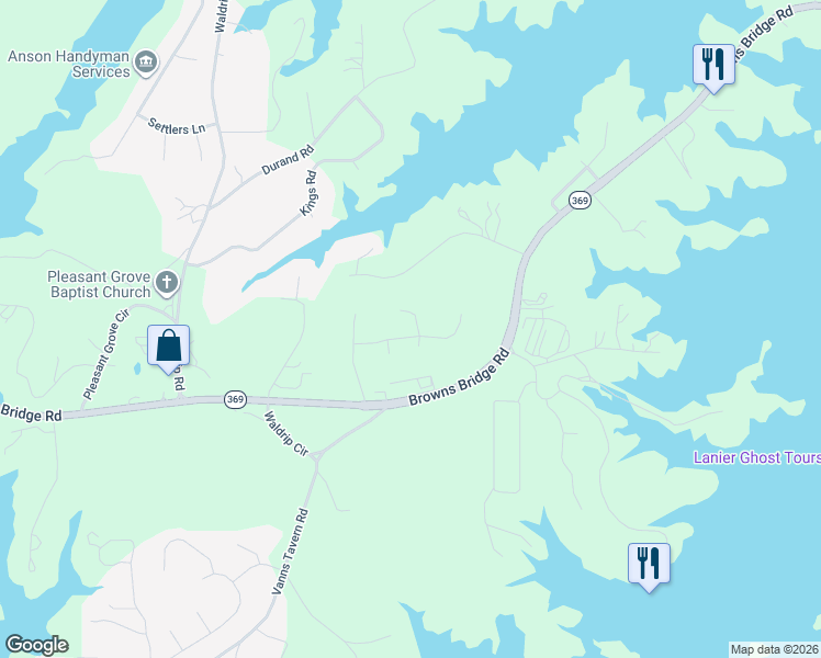 map of restaurants, bars, coffee shops, grocery stores, and more near 8615 Topaz Court in Gainesville