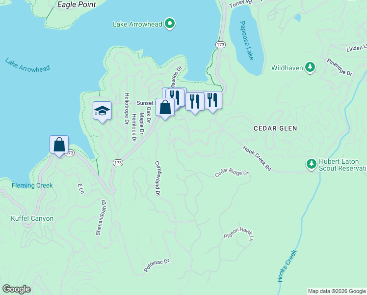 map of restaurants, bars, coffee shops, grocery stores, and more near 28976 Alder Terrace in Lake Arrowhead