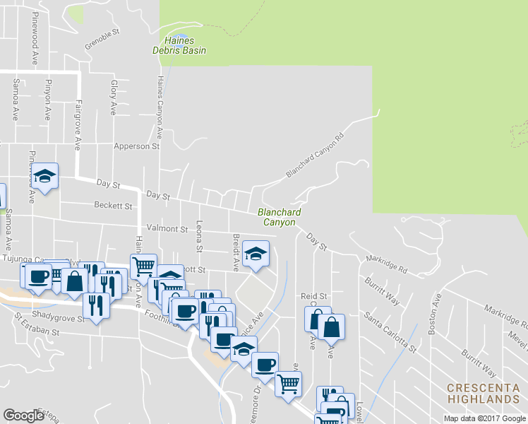 map of restaurants, bars, coffee shops, grocery stores, and more near 6419 Day Street in Los Angeles