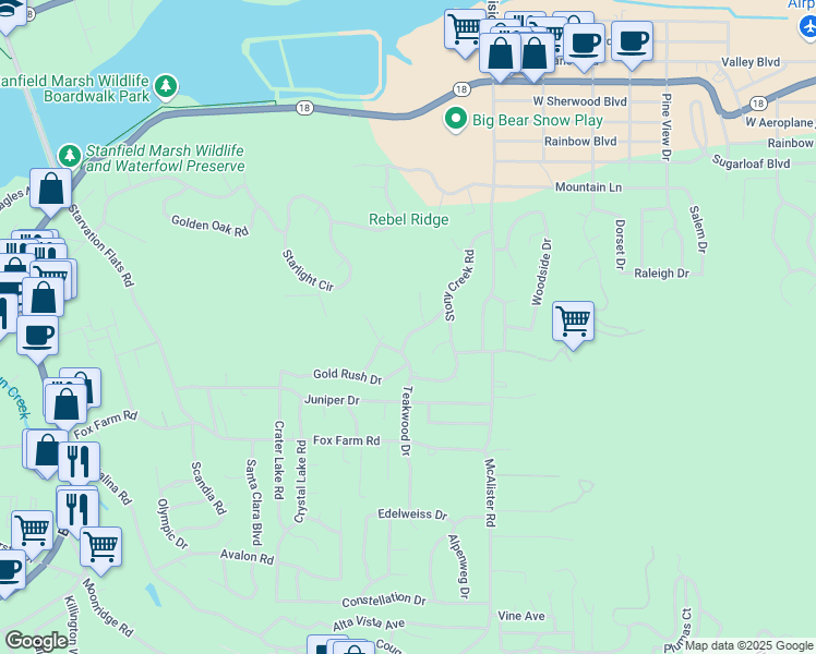 map of restaurants, bars, coffee shops, grocery stores, and more near 42762 Castlewood Road in Big Bear Lake