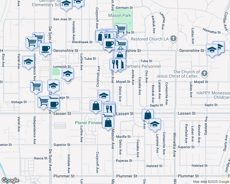 map of restaurants, bars, coffee shops, grocery stores, and more near 10020 Mason Avenue in Los Angeles