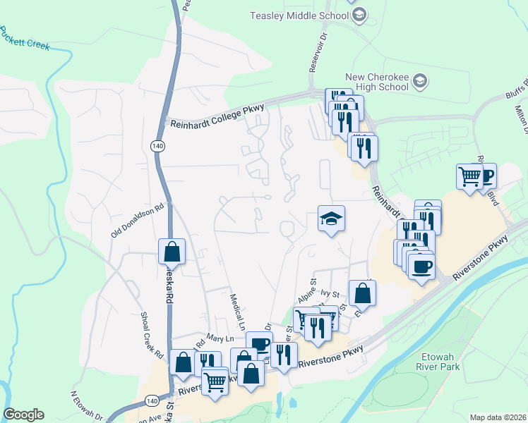 map of restaurants, bars, coffee shops, grocery stores, and more near 124 Hickory Knoll Drive in Canton