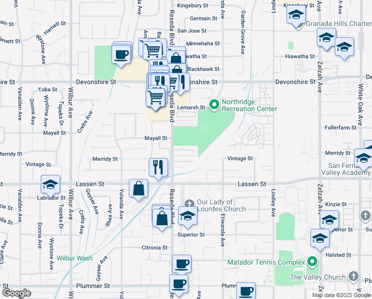 map of restaurants, bars, coffee shops, grocery stores, and more near 10022 Reseda Boulevard in Los Angeles