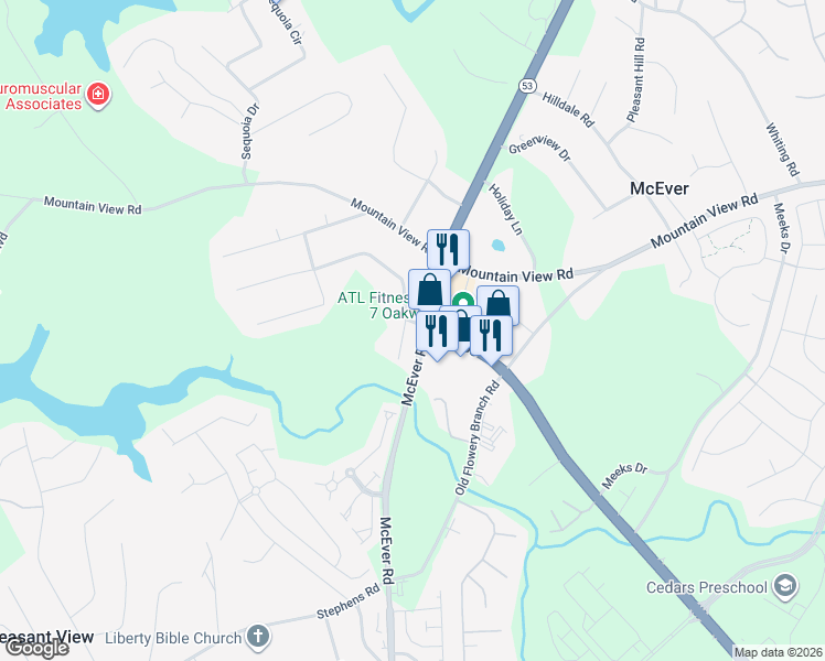 map of restaurants, bars, coffee shops, grocery stores, and more near 4405 Mundy Mill Road in Oakwood