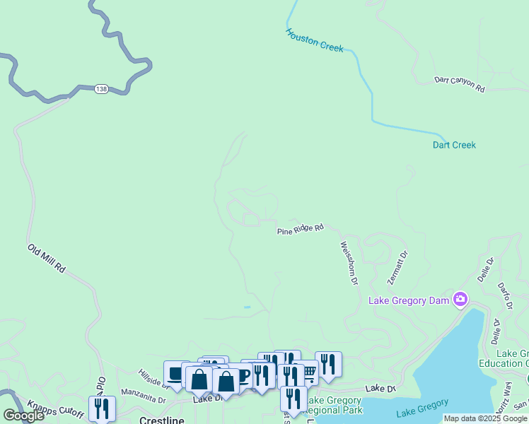 map of restaurants, bars, coffee shops, grocery stores, and more near 994 Mercury Way in Crestline