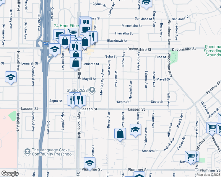 map of restaurants, bars, coffee shops, grocery stores, and more near 10022 Burnet Avenue in Los Angeles