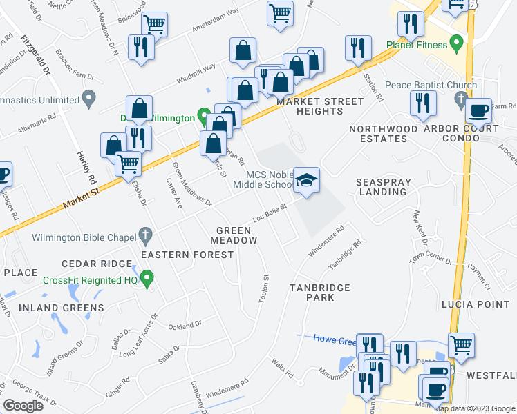 map of restaurants, bars, coffee shops, grocery stores, and more near 214 Spartan Road in Wilmington