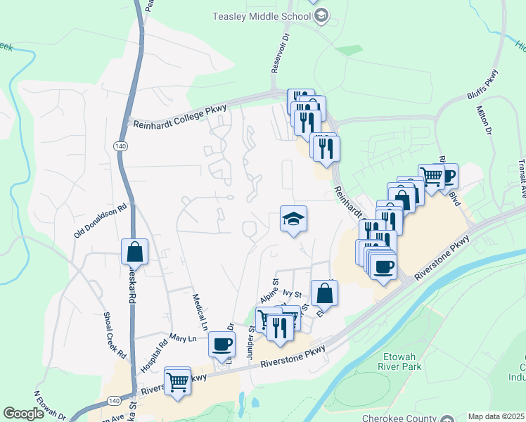 map of restaurants, bars, coffee shops, grocery stores, and more near 551 Lakeview Dr in Canton