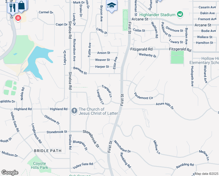 map of restaurants, bars, coffee shops, grocery stores, and more near 726 Tranquil Lane in Simi Valley