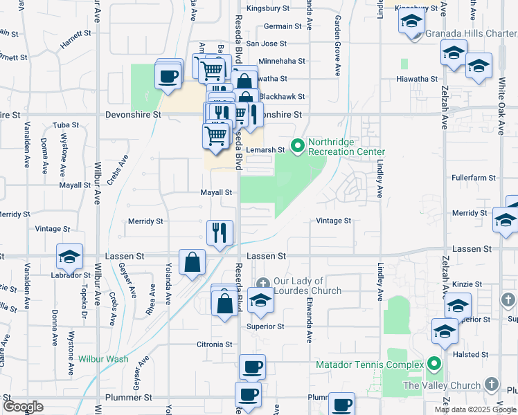 map of restaurants, bars, coffee shops, grocery stores, and more near 10022 Reseda Boulevard in Los Angeles