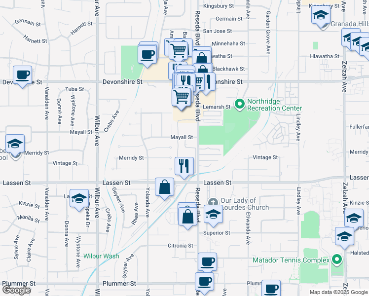map of restaurants, bars, coffee shops, grocery stores, and more near 18526 Mayall Street in Los Angeles