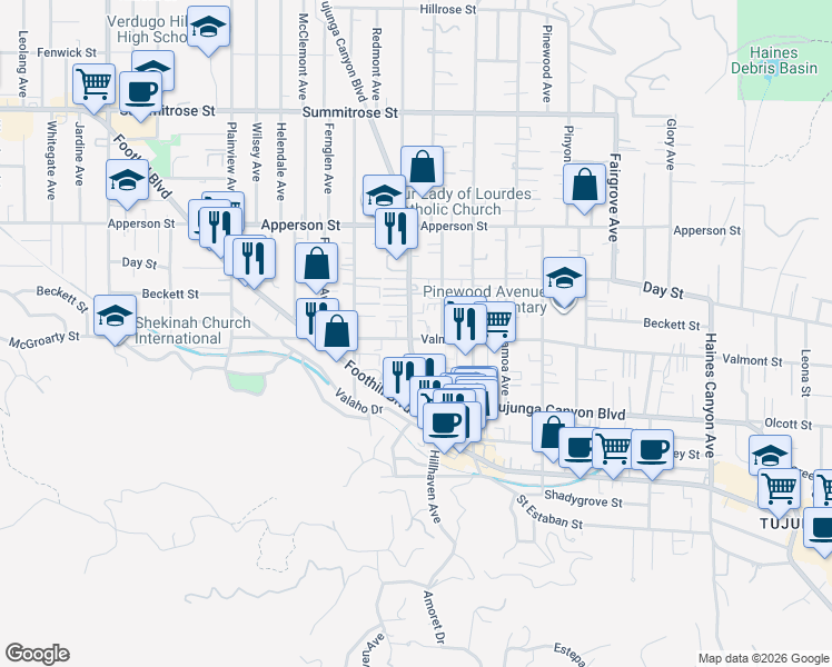 map of restaurants, bars, coffee shops, grocery stores, and more near 7263 Valmont Street in Los Angeles