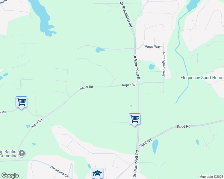 map of restaurants, bars, coffee shops, grocery stores, and more near 2215 Roper Road in Cumming