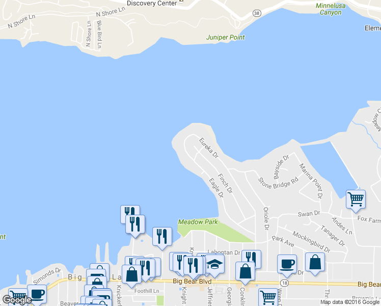 map of restaurants, bars, coffee shops, grocery stores, and more near 193 Eagle Drive in Big Bear Lake