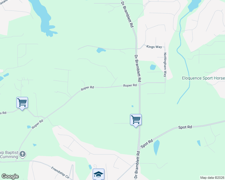 map of restaurants, bars, coffee shops, grocery stores, and more near 2215 Roper Road in Cumming