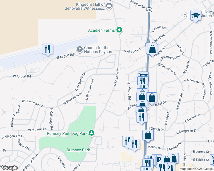 map of restaurants, bars, coffee shops, grocery stores, and more near 507 West Locust Road in Payson