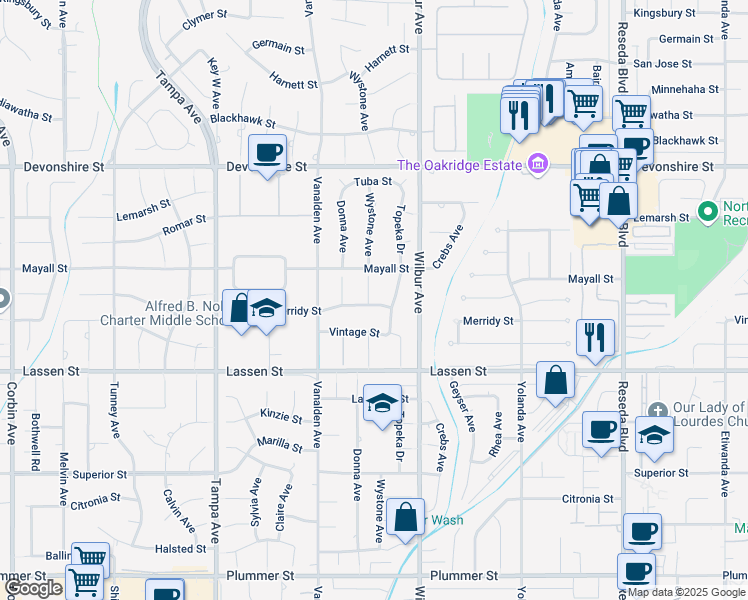 map of restaurants, bars, coffee shops, grocery stores, and more near 10020 Wystone Avenue in Los Angeles