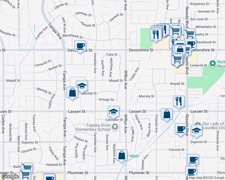 map of restaurants, bars, coffee shops, grocery stores, and more near 10020 Wystone Avenue in Los Angeles