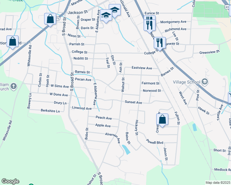 map of restaurants, bars, coffee shops, grocery stores, and more near 405 Pecan Avenue in Albertville