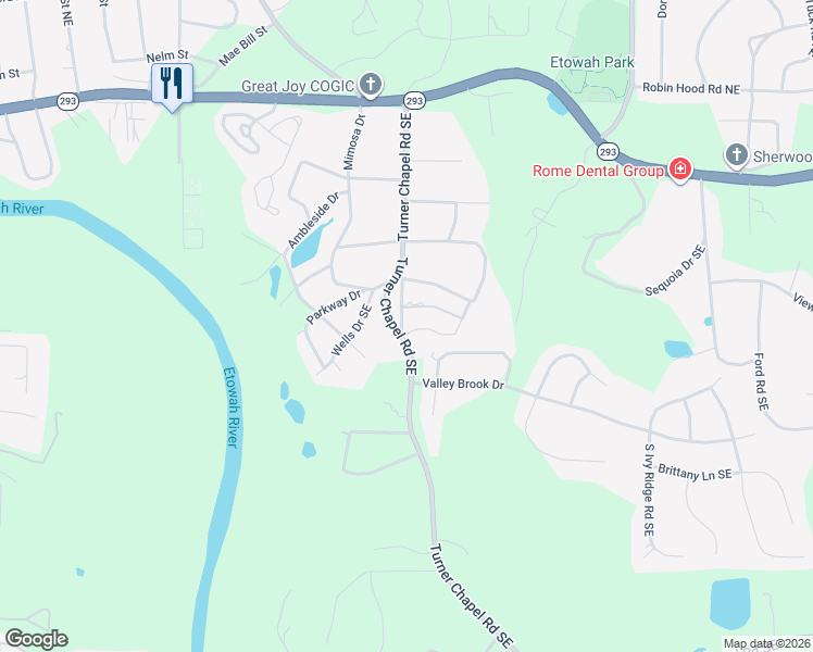 map of restaurants, bars, coffee shops, grocery stores, and more near 28 Mitchell Circle Southeast in Rome