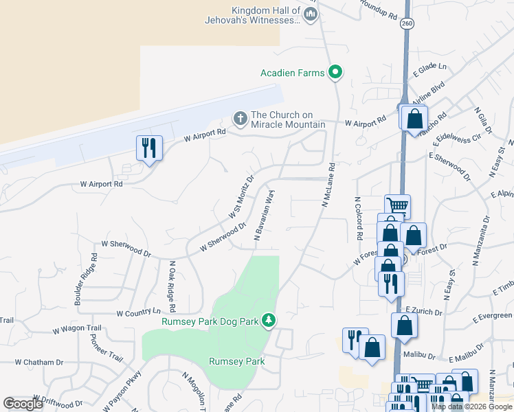 map of restaurants, bars, coffee shops, grocery stores, and more near 703 West Sherwood Drive in Payson