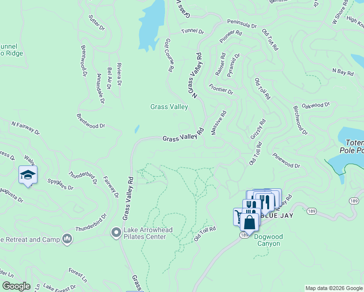 map of restaurants, bars, coffee shops, grocery stores, and more near 26924 Huron Road in Lake Arrowhead