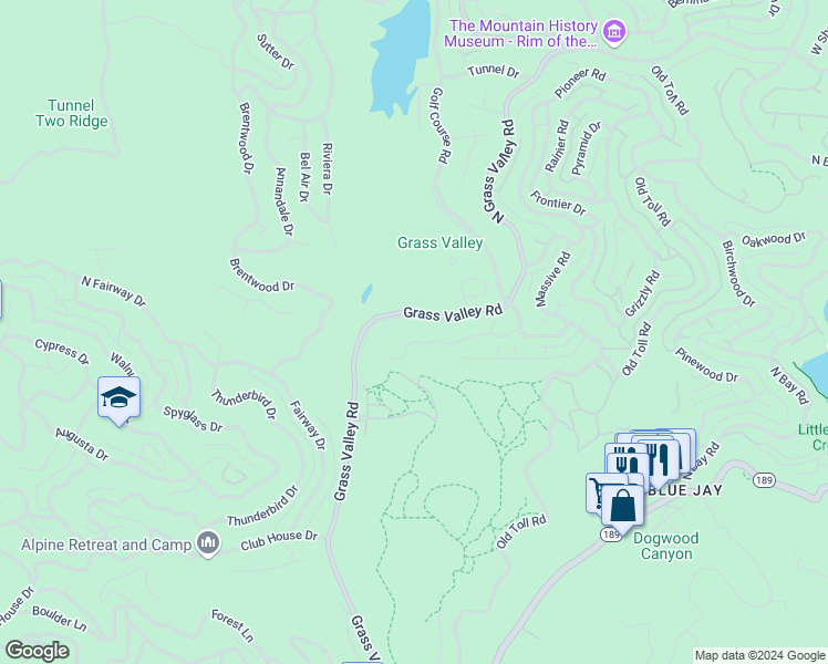 map of restaurants, bars, coffee shops, grocery stores, and more near 26838 Huron Road in Lake Arrowhead