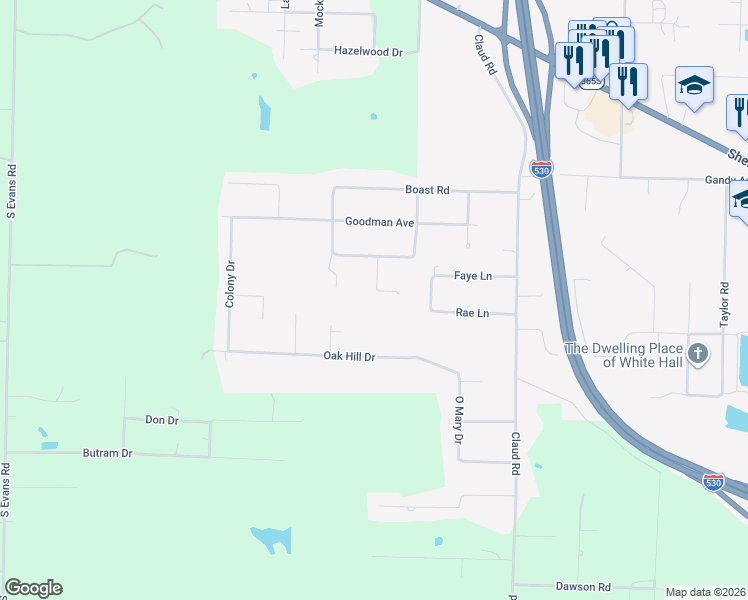 map of restaurants, bars, coffee shops, grocery stores, and more near 1906 Amy Lane in White Hall